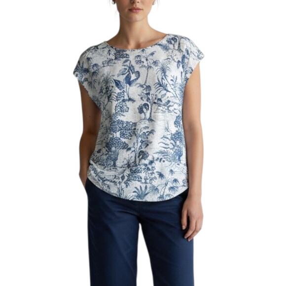 Nicole Miller Tops - Blue White Linen Tropical Toile Print Cap Sleeve Top Coastal Grandmother S